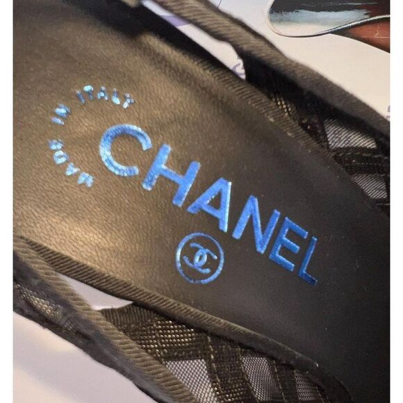 CHANEL Black Diamond Pattern Mesh CC Logo Cap Toe Slingback Sandals Size… - Picture 15 of 16